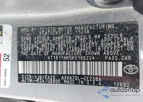 2019 Toyota Camry Se from USA, damaged, VIN 4T1B11HK5KU186224